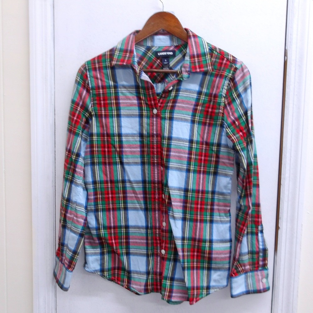 Lands End Plaid Button Down Shirt Women Size 2 Red Green Blue Long Sleeve /#2667